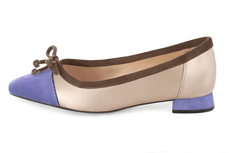 Lavender purple, gold and chocolate brown women's ballet pumps, with low heels. Square toe. Flat flare heels. Profile view - Florence KOOIJMAN